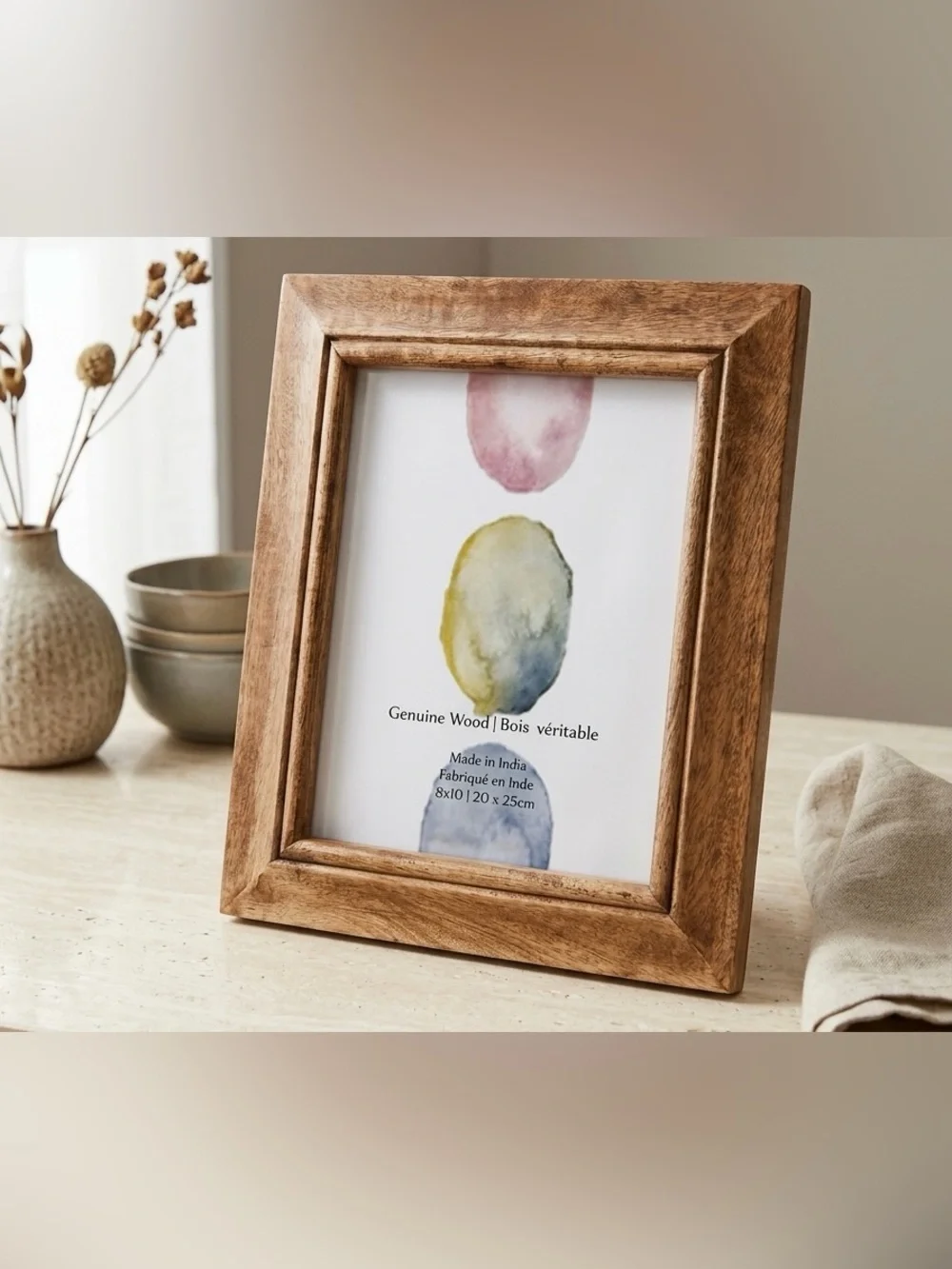 Genuine Wood Photo Frame with Watercolor Print - Natural Brown